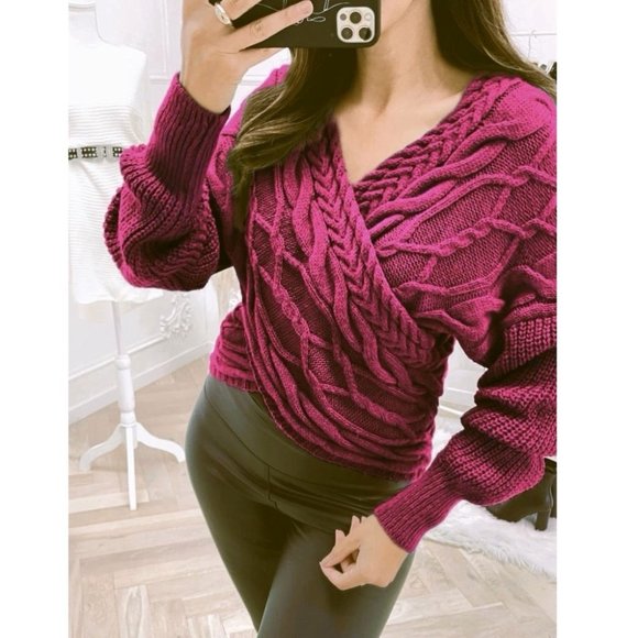 Purple Cable Knit Long Sleeve V-Neck Sweater Top - Picture 3 of 6
